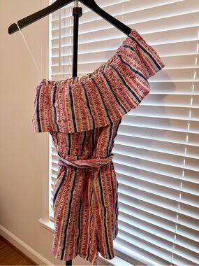 LOFT Beach One Shoulder Striped Romper Pink Blue Tie Waist Small